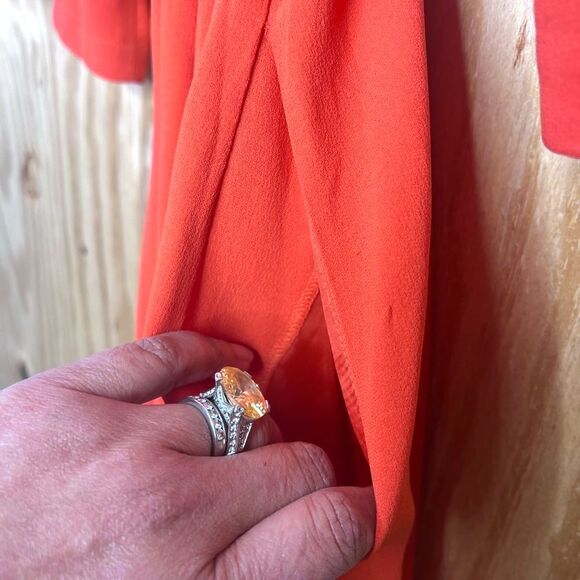 Bloomingdale’s Eileen Fisher 100% Silk Orange Midi Wrap Dress L Old Money Pretty - Picture 4 of 12